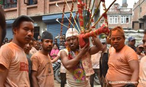 Bhaktapur’s Buddha Krishna Baga Shrestha piercing his tongue for the ninth and last time