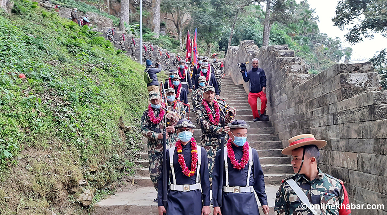 A Nepal Army troop begins a trek along the unification trail of Prithvi Narayan Shah, in Gorkha, on Tuesday, January 5, 2021.