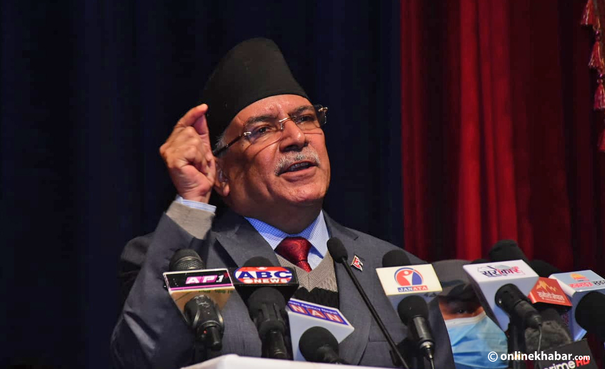 Pushpa Kamal Dahal addresses his cadres in Kathmandu, on Wednesday, January 13, 2021.