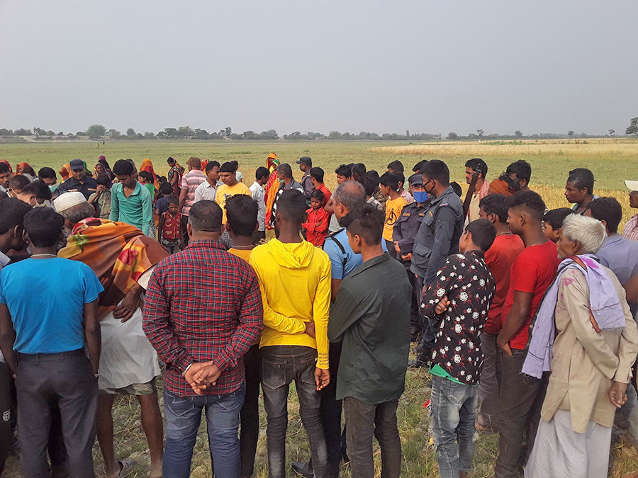 Locals gather after an elephant kills a man in Hanumannagar Kankalini municipality of Saptari, on Friday, April 16, 2021.