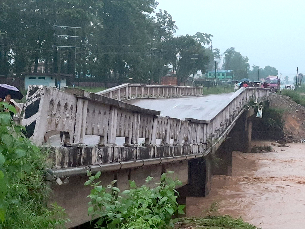 The vehicular movement along the Rupandehi section of Nepal's longest East-West Highway has been obstructed with a bridge over the Ghodaha Khola stream in the district caving in due to a flood, on Friday, August 27, 2021.