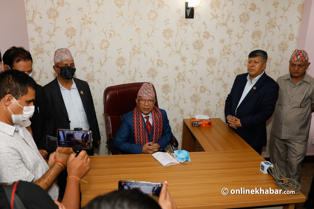 CPN-Unified Socialist Chairman Madhav Kumar Nepal speaks with journalists, in Kathmandu, on Friday, September 17, 2021.