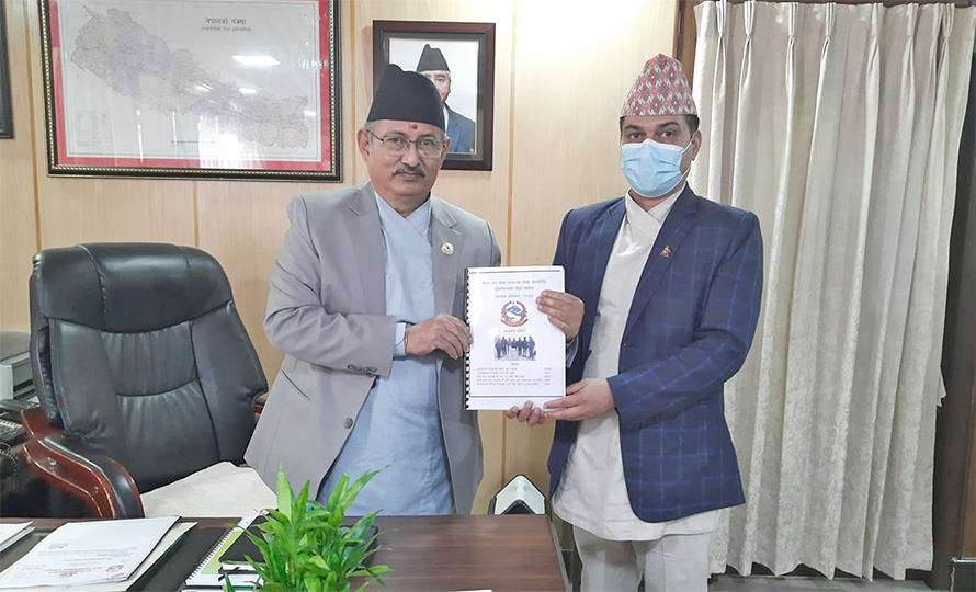 Home Minister Bal Krishna Khand receives a report on the Nepal-China border issue in Humla, in Kathmandu, on Sunday, September 27, 2021.