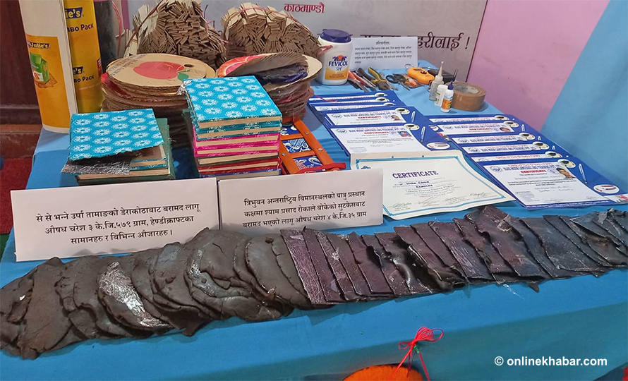 Police make public hashish and various possessions confiscated by alleged hashish smugglers, in Kathmandu, on Tuesday, September 21, 2021.