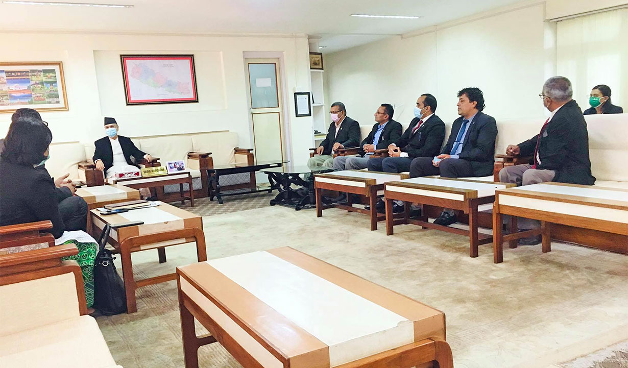 Chief Justice Cholendra Shamsher Rana meets officials of the Nepal Bar Association's Supreme Court charter, in Kathmandu, on Monday, October 4, 2021.