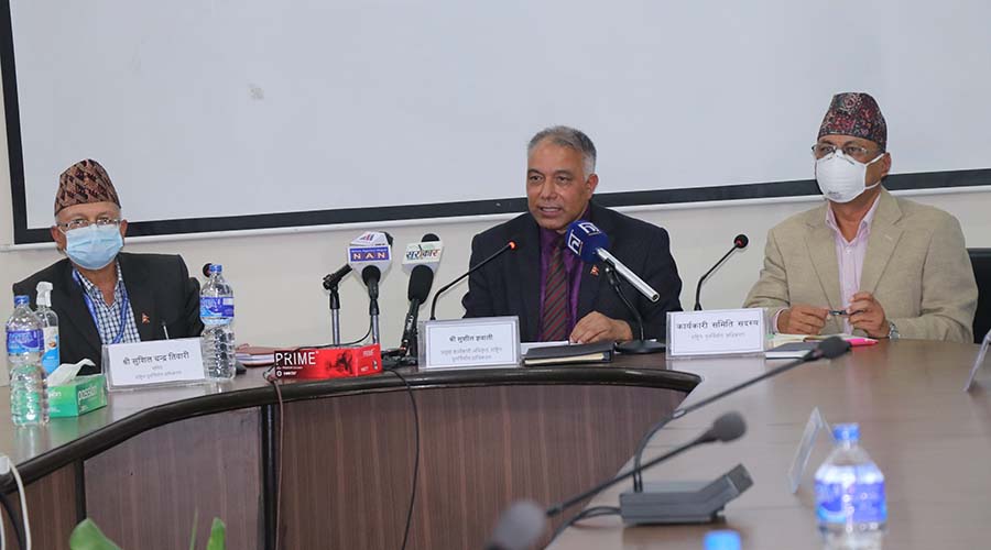 National Reconstruction Authority's CEO Sushil Gyewali speaks in a press meet.