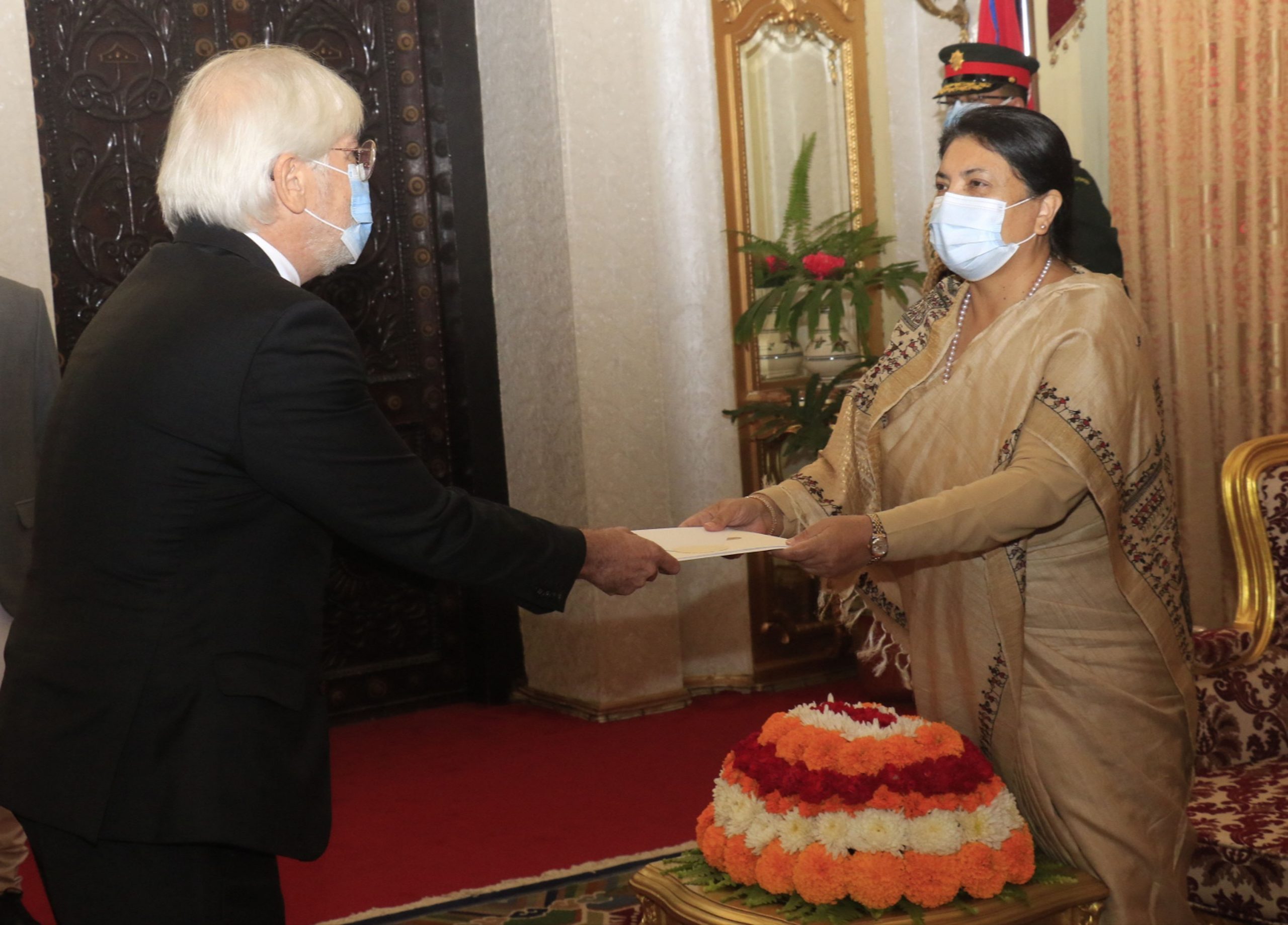 Brazilian Ambassador to Nepal, Carlos Alberto Michaelsen Den Hartog, presents his letters of credence to President Bidya Devi Bhandari, on Friday, October 22, 2021. Photo: RSS