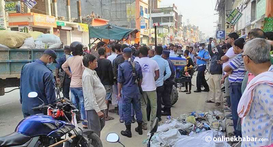 Ward chairs of Janakpur throw waste in from of Mayor Lal Kishor Sah's house, on Sunday, October 31, 2021.