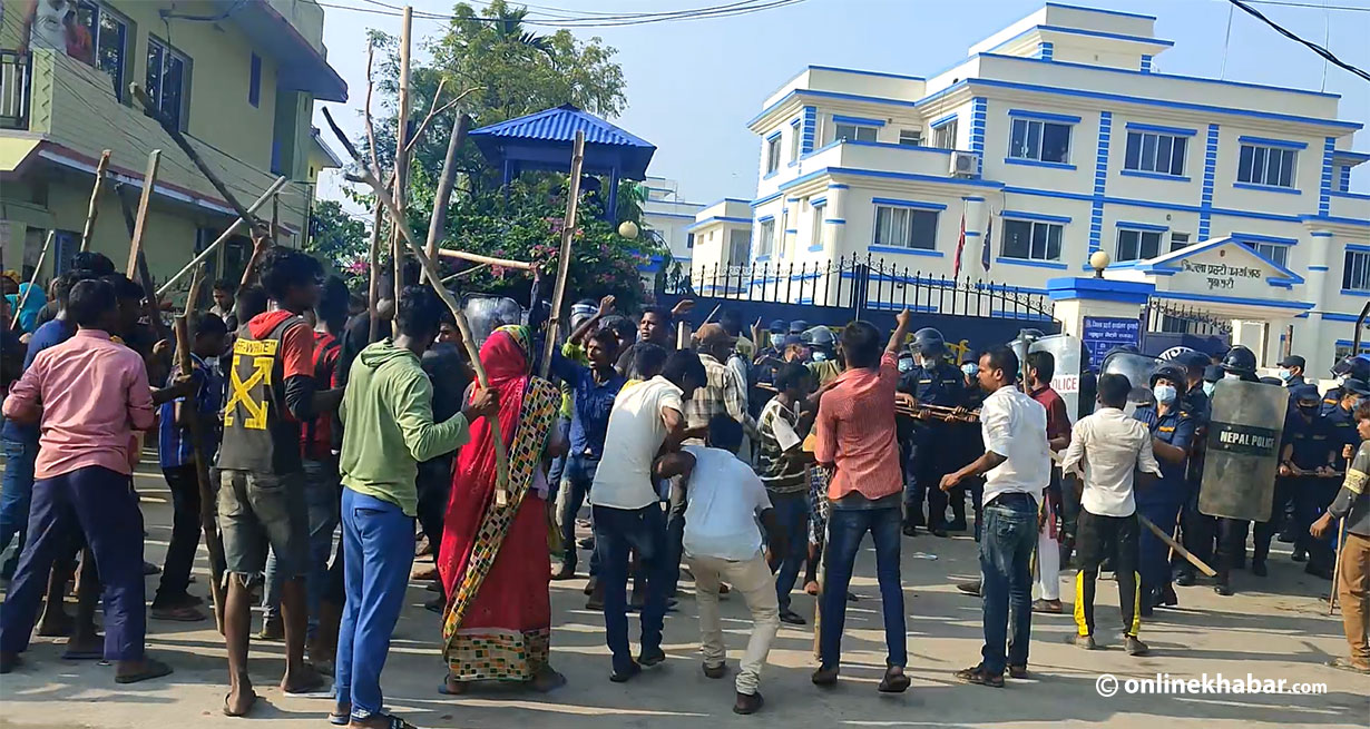 Locals gather outside the Sunsari District Police Office for a protest, in Inaruwa, on Sunday, October 10, 2021.