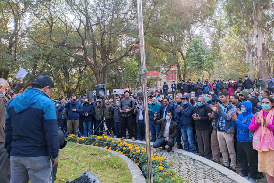 Part-time teachers of the Tribhuvan University (TU) stage a sit-in, in Kathmandu, in November 2021.