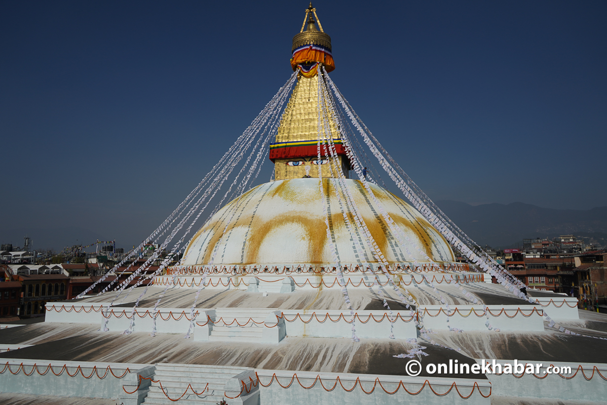 Nylon prayer flags in Bouddha were replaced by bio degradable cotton prayer flags on Saturday, December 18, 2021. Photo: Aryan Dhimal