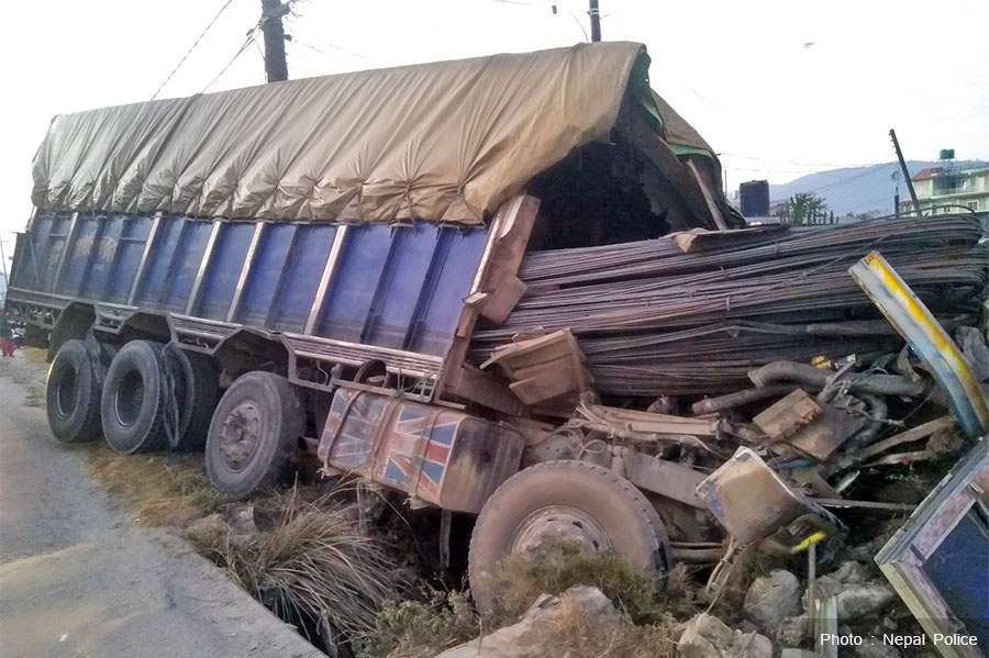 A truck skids off the road in Bijayapur of Pokhara, on Friday, December 10, 2021. Photo: Nepal Police