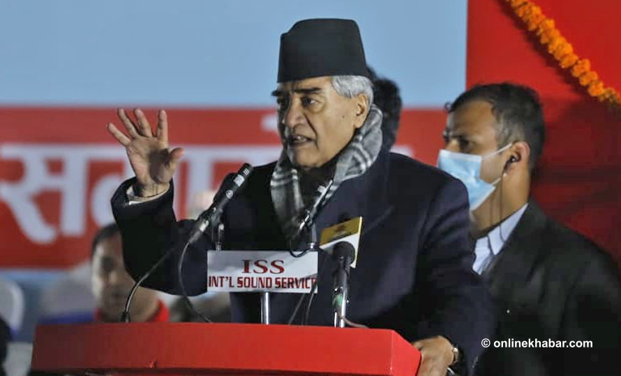 Sher Bahadur Deuba speaks during the inaugural of the Nepali Congress general convention, in Kathmandu, in December 2021.