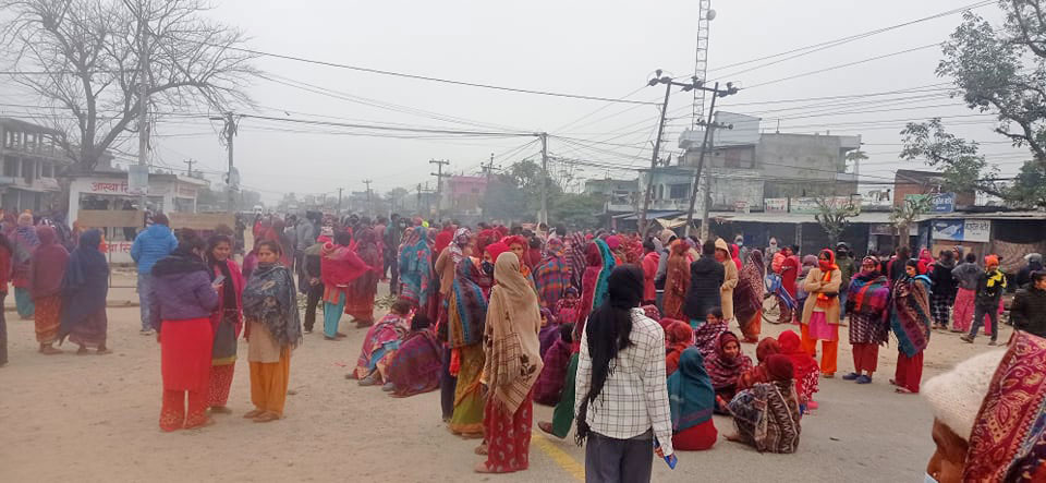 Locals demonstrate following a road accident in Lamkichuha municipality of Kailali, on Monday, January 17, 2022.