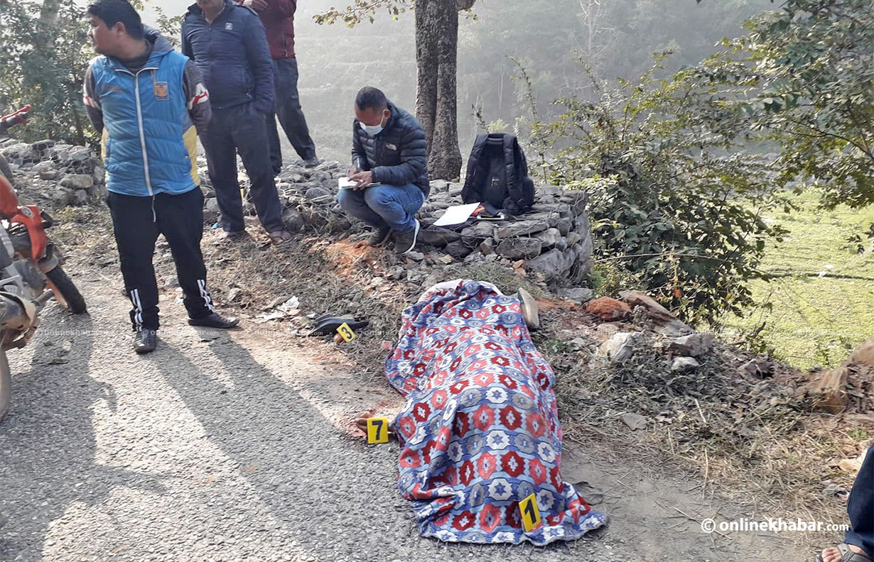 A motorbike hit kills a person on the Malekhu-Dhadingbesi road in Dhading, on Friday, February 18, 2022.