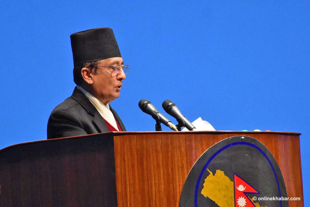 Communications Minister Gyanendra Bahadur Karki tables the MCC deal in the House of Representatives meeting, in Kathmandu, on Sunday, February 20, 2022. Photo: Chandra Bahadur Ale