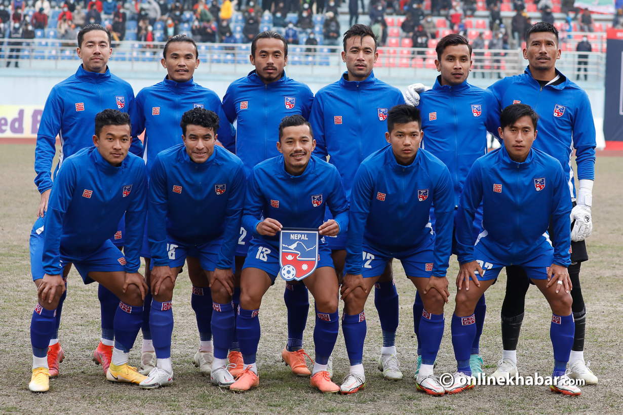 File: The Nepal football team during their friendly against Mauritius in Kathmandu, on February 1, 2022.