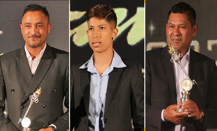 L-R: Paras Khadka, Sabitra Bhandari and Jagat Tamata with their respective awards at Pulsar Sports Award event, Kathmandu, on Tuesday, March 22, 2022. Photo: Aryan Dhimal