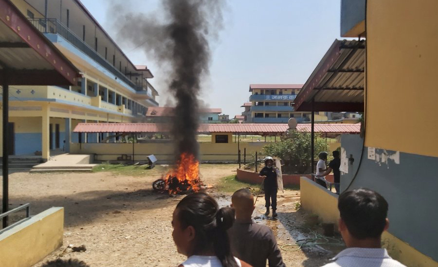 Students resort to protest against a sexual abuse incident involving a teacher, in Gaindakot, Nawalpur, on Sunday, April 17, 2022.