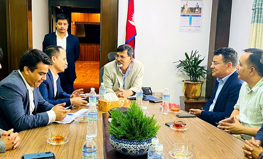 The NADA Automobiles Association of Nepal, an organisation of auto dealers in Nepal, meets Finance Minister Janardan Sharma, in Kathmandu, on Sunday, April 17, 2022. 