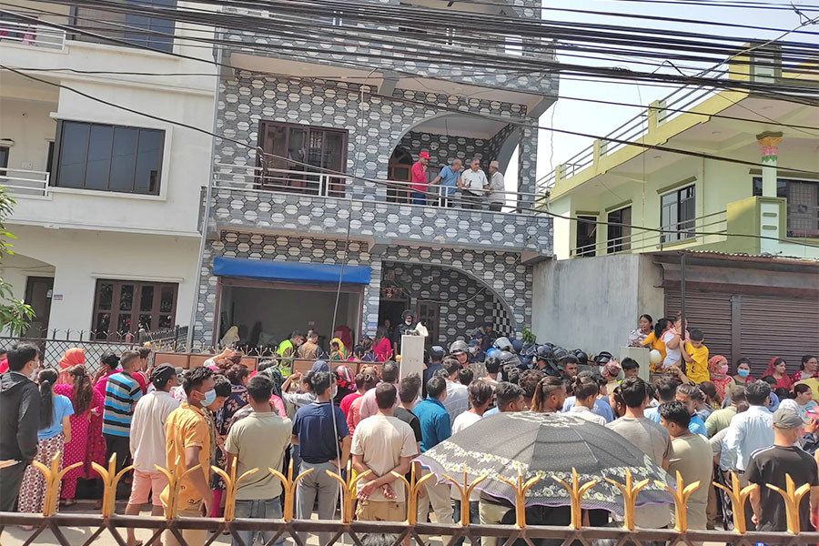 Locals demonstrate after a woman was found dead in mysterious circumstances, in Tilottama, Rupandehi, on Thursday, April 14, 2022.