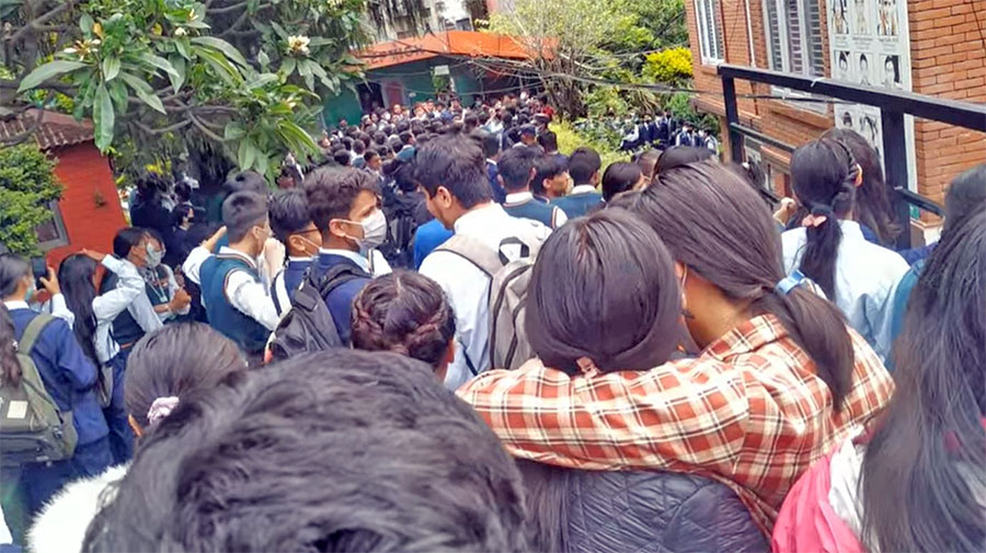 Students launch a demonstration against a teacher, at St Lawrence College, Kathmandu, on Tuesday, May 24, 2022.