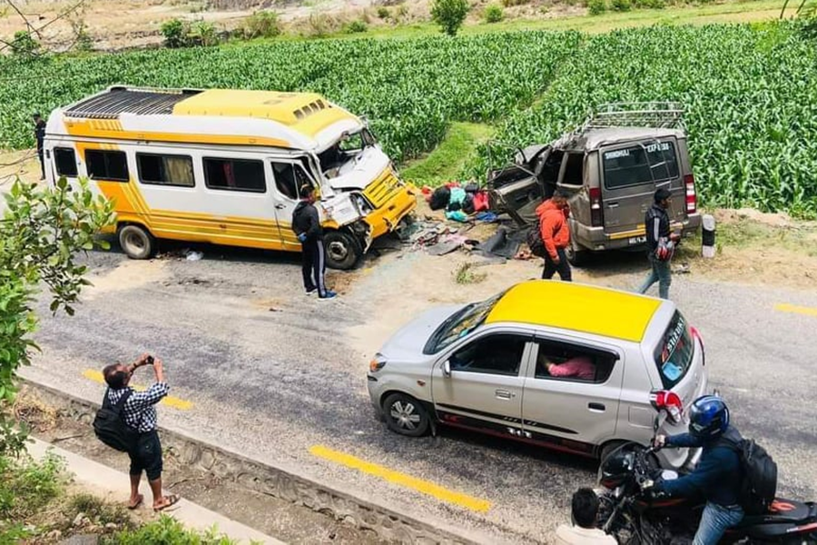 A minibus collides with an SUV, in Roshi, Kavre, on Wednesday, May 4, 2022.