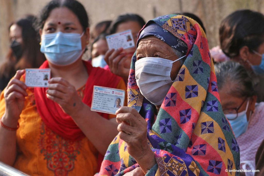 Women waiting in line for the voting in the local elections, in Kathmandu, on Friday, May 13, 2022. women in politics