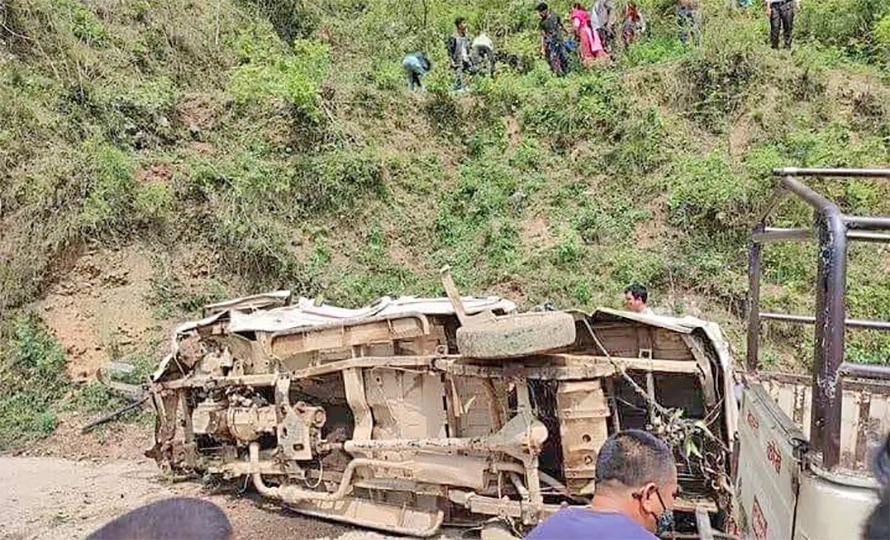 An SUV falls off the road in Waling of Syangja, on Friday, May 13, 2022.