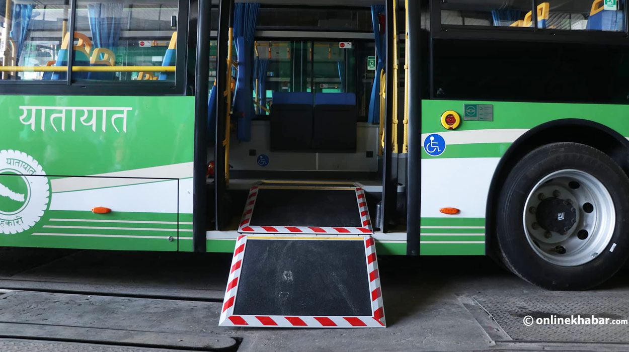 The new Sajha Yatayat electric buses operated in Kathmandu are wheelchair-accessible. Photo: Aryan Dhimal