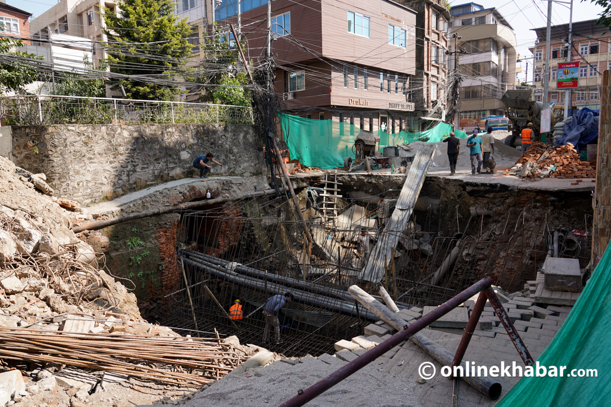 Box culvert construction begins on Kamaladi road sinkhole after 3 months