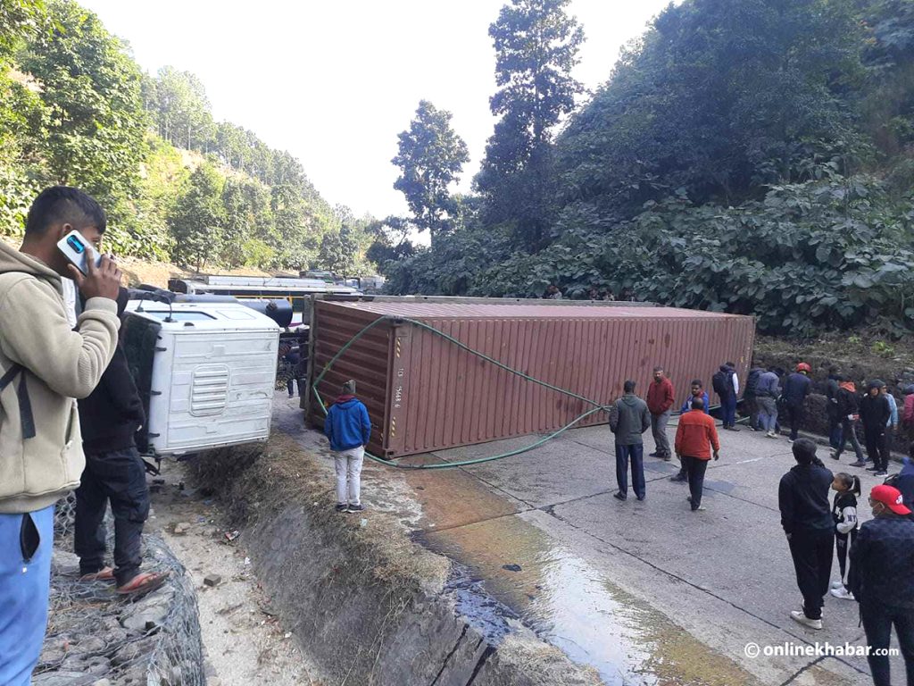 Container overturns at Churiyamai slope, halts east-west highway traffic