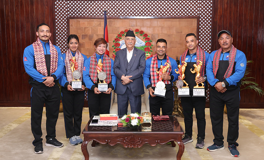 PM Oli felicitates medalists of 15th Bodybuilding Competition